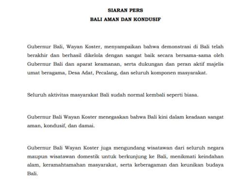 Siaran Pers Bali Aman dan Kondusif